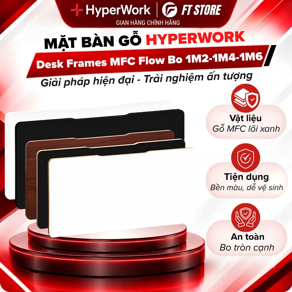 Mặt Bàn Gỗ MFC Bo Góc HyperWork MB120 / MB140 / MB160 (Không Gồm Khung Bàn) - Chuẩn P2, Chống Ẩm, Sẵn Lỗ Bắt Vít,