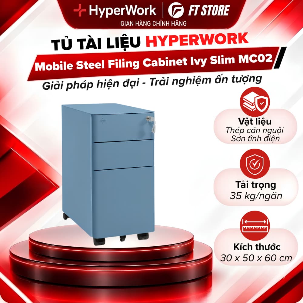 Tủ Tài Liệu Di Động HyperWork MC02 Ivy Slim - 3 Ngăn Kéo, Thép Cán Nguội Dày 0.7mm, Bánh Xe 360 Độ