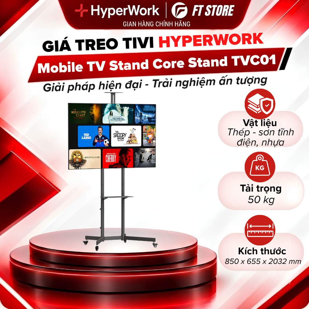 Giá Treo Tivi Di Động HyperWork Core Stand TVC01 - Hỗ Trợ Màn Hình 37-75 Inch, Tải Trọng 50kg, Có Bánh Xe & Kệ Đựng Đồ