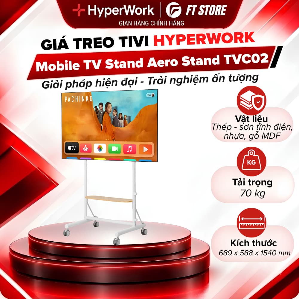 Giá Treo Tivi Di Động HyperWork Aero Stand TVC02 - Tải Trọng 70kg, Hỗ Trợ Màn 37-75 Inch, Kệ Gỗ MDF