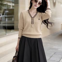 Áo Len Dệt Kim Nữ Dài Tay Cổ Chữ V Phối Viền Sọc Dáng Suông Thanh Lịch Thu Đông Evalover 4