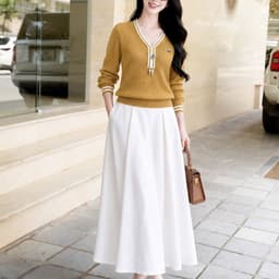 Áo Len Dệt Kim Nữ Dài Tay Cổ Chữ V Phối Viền Sọc Dáng Suông Thanh Lịch Thu Đông Evalover 6