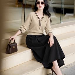 Áo Len Dệt Kim Nữ Dài Tay Cổ Chữ V Phối Viền Sọc Dáng Suông Thanh Lịch Thu Đông Evalover 3