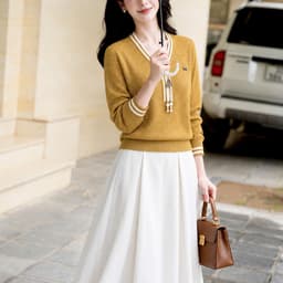 Áo Len Dệt Kim Nữ Dài Tay Cổ Chữ V Phối Viền Sọc Dáng Suông Thanh Lịch Thu Đông Evalover 5