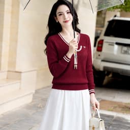 Áo Len Dệt Kim Nữ Dài Tay Cổ Chữ V Phối Viền Sọc Dáng Suông Thanh Lịch Thu Đông Evalover 8