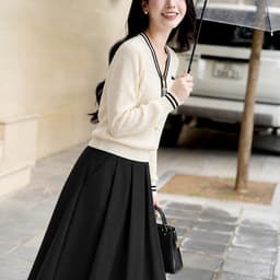 Áo Len Dệt Kim Nữ Dài Tay Cổ Chữ V Phối Viền Sọc Dáng Suông Thanh Lịch Thu Đông Evalover 9