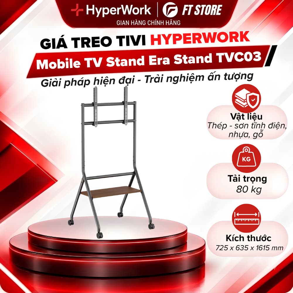 Giá Treo Tivi Di Động HyperWork TVC03 - Tải Trọng 80kg, Hỗ Trợ Màn 37-86 Inch, Kệ Gỗ Sang Trọng, Chống Rung Lắc