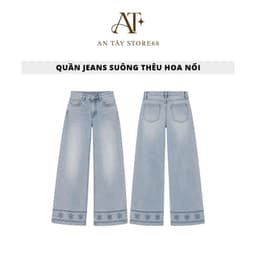 Quần Jean Suông Thêu Hoạ Tiết AN TÂY Vải Jean Mềm, Gấu Quần Thêu Hoa Nổi Chiều Dài 96cm/100cm #8850 Màu Xanh Nhạt 1