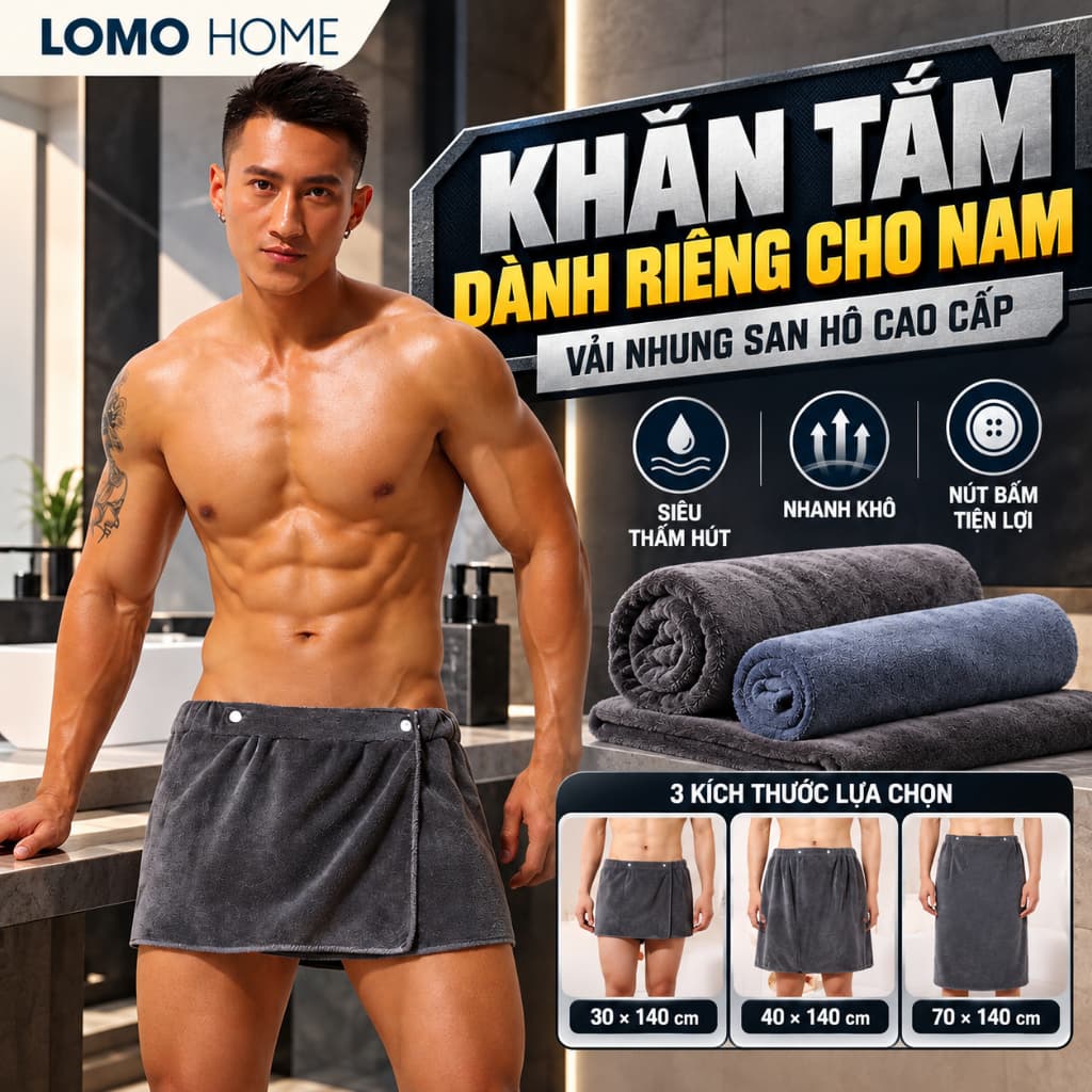 Khăn tắm dành riêng cho nam LOMO cao cấp vải nhung san hô siêu thấm hút, nhanh khô | Size 30*140, 40*140, 70*140 cm