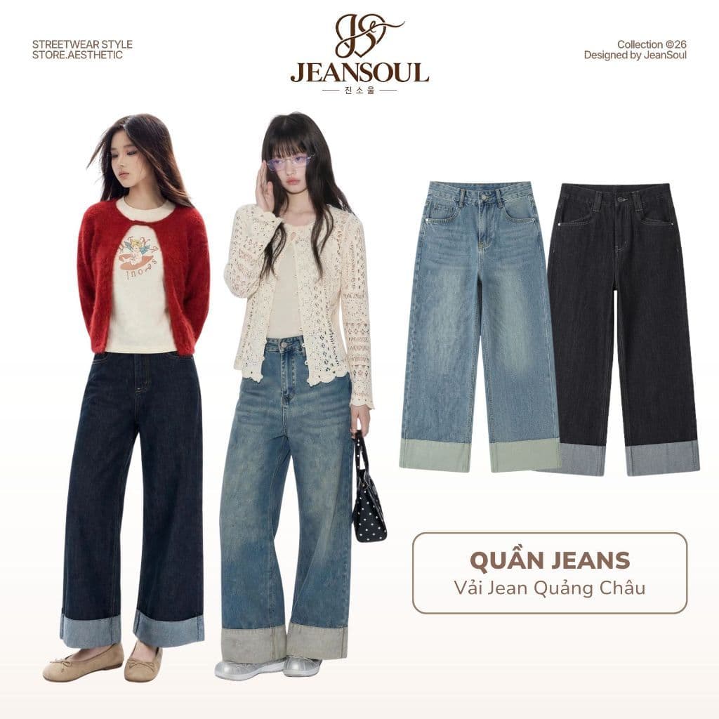 Quần Jeans Nữ Ống Suông, Quần bò nữ ống rộng Gấu 2 Màu Vải Jean QCCC Dài 100CM  #8930-31