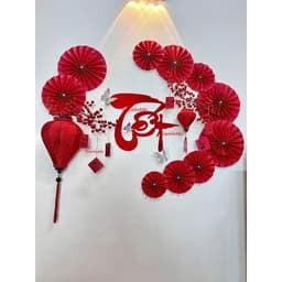 Combo Đồ Decor Tết Tài Lộc với đèn lồng gấm Hội An + Quạt Giấy Đỏ May Mắn Và Đào Đông siêu đẹp trang trí Tết 2027 1