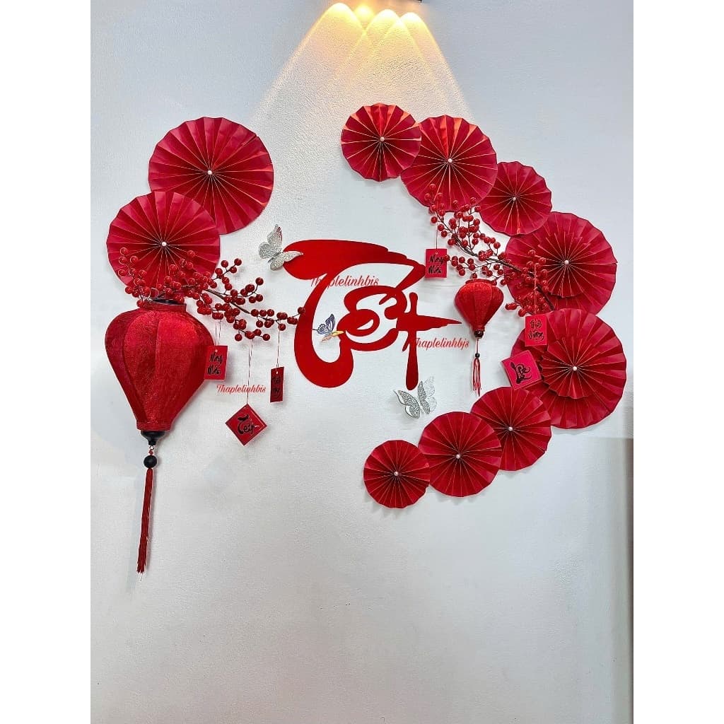 Combo Đồ Decor Tết Tài Lộc với đèn lồng gấm Hội An + Quạt Giấy Đỏ May Mắn Và Đào Đông siêu đẹp trang trí Tết 2027