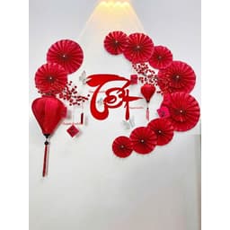 Combo Đồ Decor Tết Tài Lộc với đèn lồng gấm Hội An + Quạt Giấy Đỏ May Mắn Và Đào Đông siêu đẹp trang trí Tết 2027 2