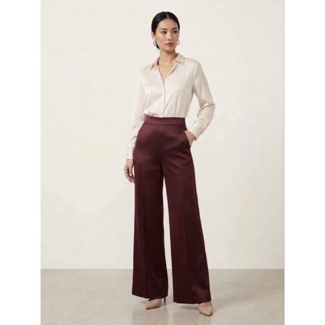 [ Hiền BigSize] Quần Dài LụaSatin Ống Rộng Cạp Cao Nữ - Quần Suông Cạp Cao Màu Đỏ Mận Mặc Đi Làm, Đi Chơi