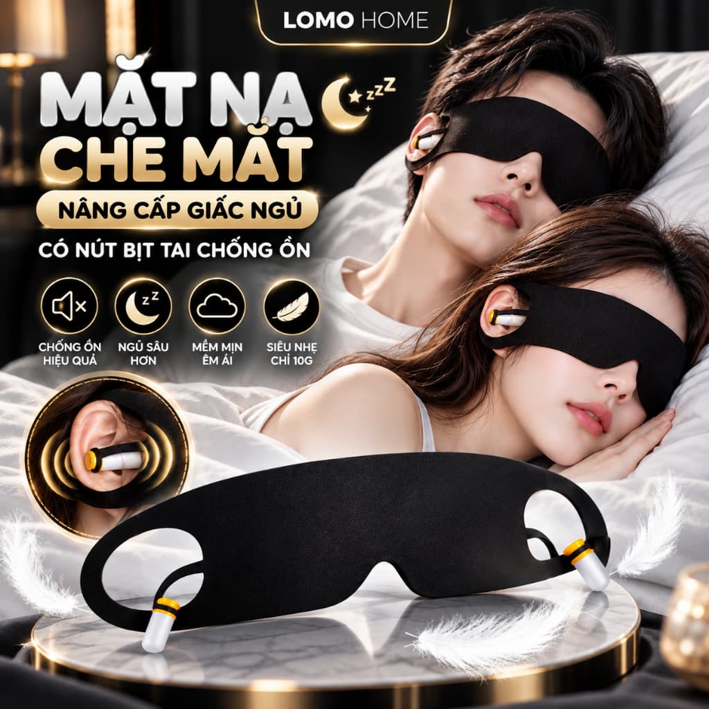 Bịt mắt ngủ, mặt nạ che mắt ngủ LOMO có nút bịt tai chống ồn, chất vải mềm mịn có quai đeo tiện dụng