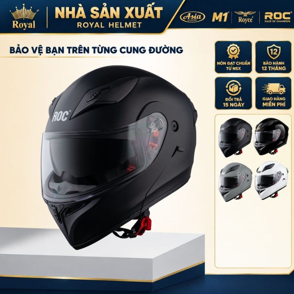 [Nhà Sản Xuất] Mũ Bảo Hiểm Fullface Lật Hàm 2 Lớp Kính Roc R04, Đạt Chuẩn Đi Moto Xe Máy, Chính Hãng