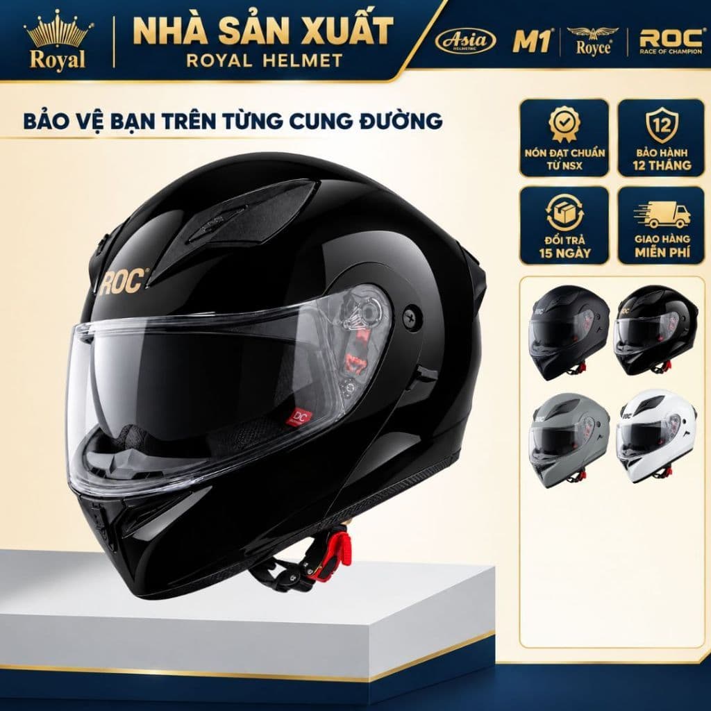 Mũ Bảo Hiểm Fullface Roc R04 Lật Hàm 2 Lớp Kính, Đạt Chuẩn Đi Moto Xe Máy, Nhiều Màu, Bảo Hành 12T