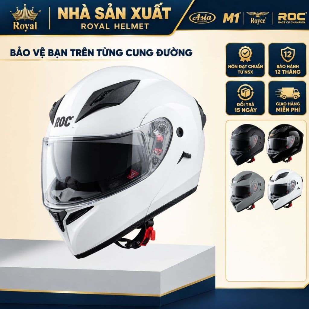 Mũ Bảo Hiểm Fullface Roc R04 Lật Cằm 2 Kính, Nón Đạt Chuẩn Đi Moto Xe Máy, Chính Hãng Nhà Sản Xuất
