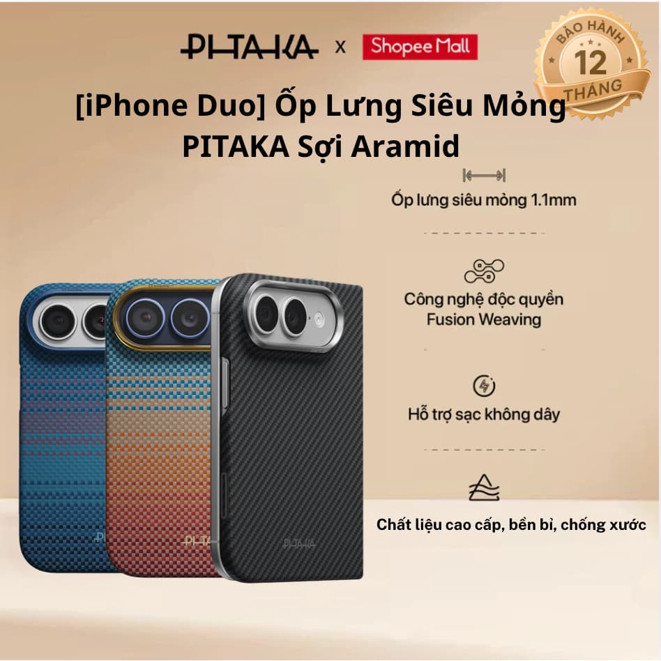 [iPhone Duo] Ốp Lưng Siêu Mỏng PITAKA Sợi Aramid - Nâng tầm đẳng cấp - Bảo hành 12 tháng chính hãng