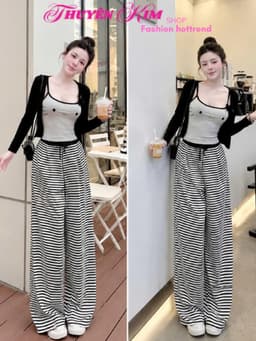 Set bộ 3 món mặc nhà chất Thun áo 2s in mèo kèm khoác ngoài tay dài phối quần sọc dáng suông dài 1