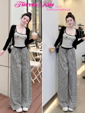 Set bộ 3 món mặc nhà chất Thun áo 2s in mèo kèm khoác ngoài tay dài phối quần sọc dáng suông dài