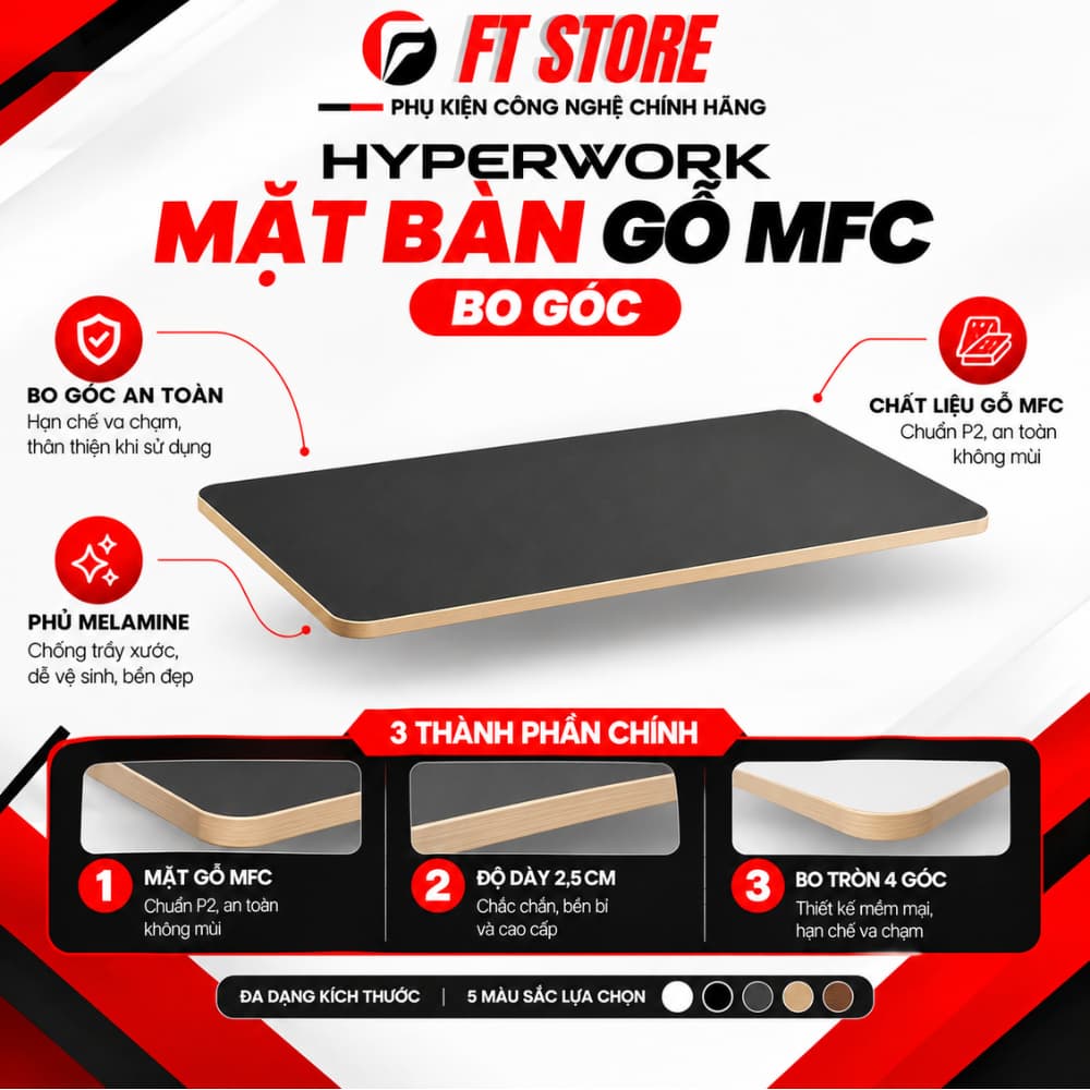 Mặt Bàn Gỗ HyperWork MFC – Bo Tròn 4 Góc, Phủ Melamine, Dày 25mm