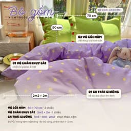 (Tặng ôm) Bộ chăn ga gối DECOR.URHOME gối bông họa tiết chấm bi màu tím phong cách dễ thương 2