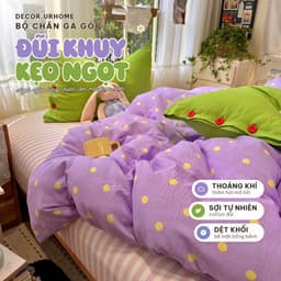 (Tặng ôm) Bộ chăn ga gối DECOR.URHOME gối bông họa tiết chấm bi màu tím phong cách dễ thương 1
