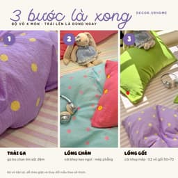(Tặng ôm) Bộ chăn ga gối DECOR.URHOME gối bông họa tiết chấm bi màu tím phong cách dễ thương 8