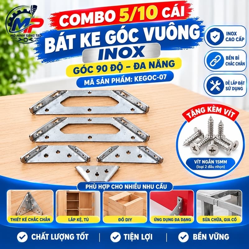 Combo 5/10 Bát Ke Góc Vuông INOX Cao Cấp 90 Độ Đa Năng Tặng Kèm Vít, Ke Góc Chữ L Gia Cố Nội Thất KeGoc-07