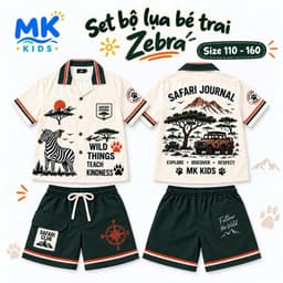 Set Bộ Bé Trai Zebra MK Kids Áo Sơ Mi Cộc Tay Đi Chơi Mùa Hè Chất Lụa Mịn Thoáng Mát 2-10 Tuổi 3