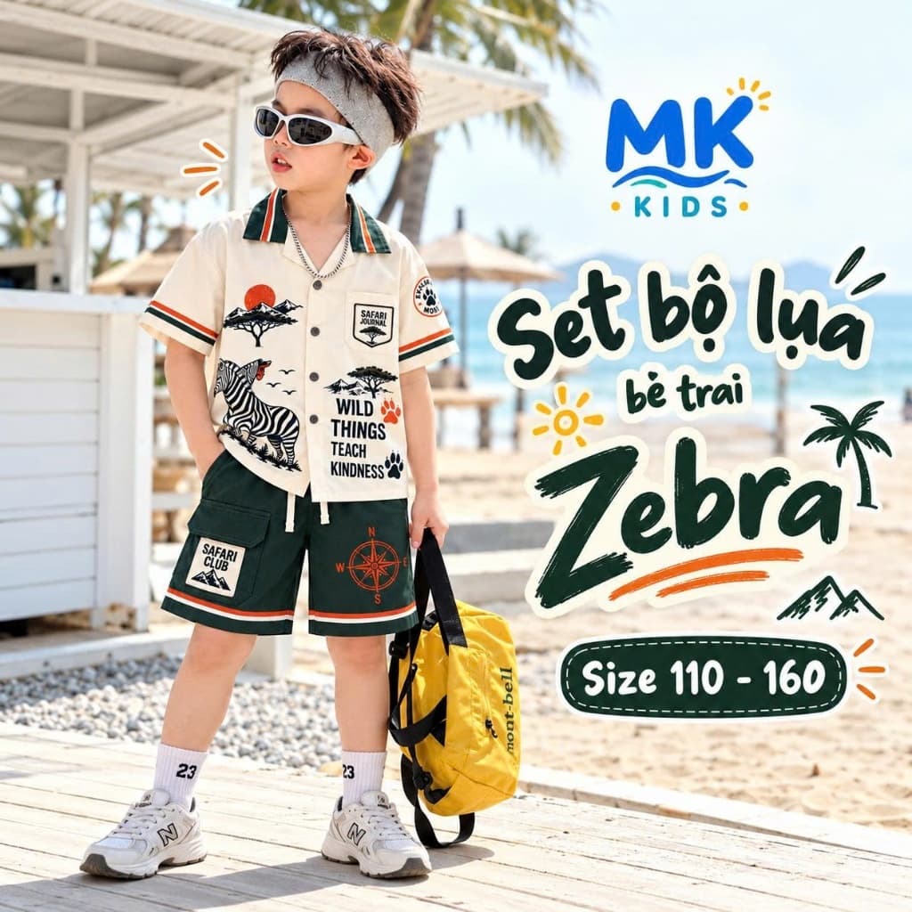 Set Bộ Bé Trai Zebra MK Kids Áo Sơ Mi Cộc Tay Đi Chơi Mùa Hè Chất Lụa Mịn Thoáng Mát 2-10 Tuổi