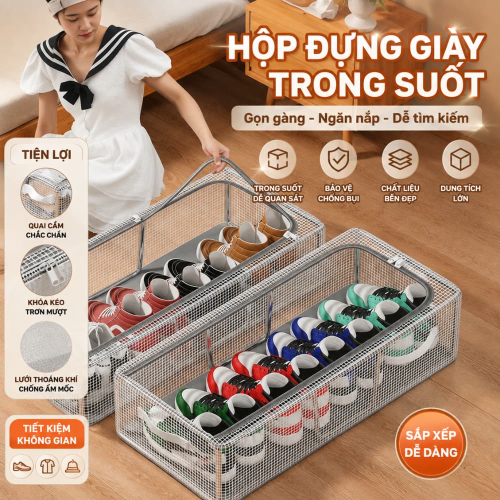 Hộp Đựng Giày Gấp Gọn Khung Thép 15x30x60cm và Kệ Giày Chữ X 5 Tầng. LMS