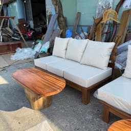 Bộ Bàn Ghế Sofa Gỗ Me Tây Tự Nhiên, Bàn Gốc Cây Kết Hợp Ghế Băng Kèm Đệm Nỉ 6