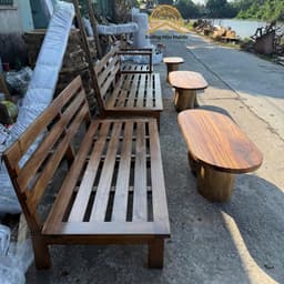 Bộ Bàn Ghế Sofa Gỗ Me Tây Tự Nhiên, Bàn Gốc Cây Kết Hợp Ghế Băng Kèm Đệm Nỉ 4