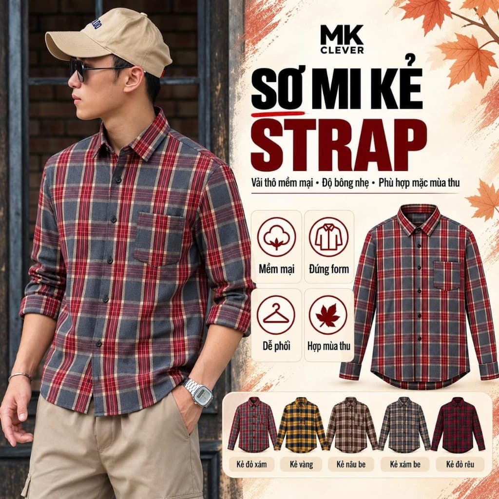 Áo Sơ Mi nam kẻ Strap MKCLEVER Chất kẻ thô thoáng mát, mềm mại, chống nhăn, form rộng mặc hằng ngày