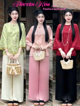 Set đồ lam mặc Tết 2027 áo chất Gấm hoa cổ tàu tay lửng phối quần suông chất Tuyết Nhung dáng dài_DX 1