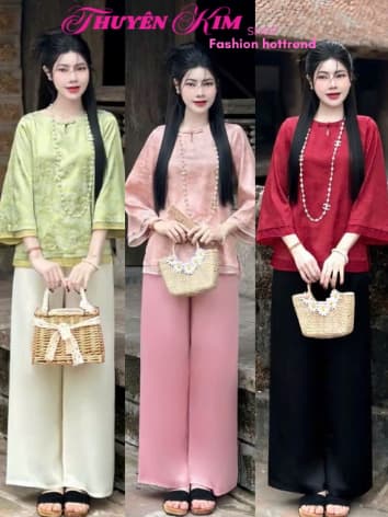 Set đồ lam mặc Tết 2027 áo chất Gấm hoa cổ tàu tay lửng phối quần suông chất Tuyết Nhung dáng dài_DX