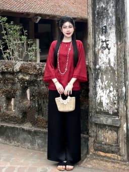Set đồ lam mặc Tết 2027 áo chất Gấm hoa cổ tàu tay lửng phối quần suông chất Tuyết Nhung dáng dài_DX 6
