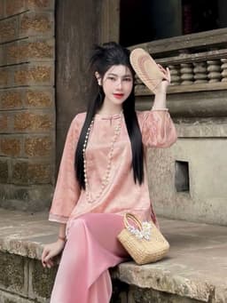 Set đồ lam mặc Tết 2027 áo chất Gấm hoa cổ tàu tay lửng phối quần suông chất Tuyết Nhung dáng dài_DX 2