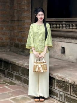 Set đồ lam mặc Tết 2027 áo chất Gấm hoa cổ tàu tay lửng phối quần suông chất Tuyết Nhung dáng dài_DX 3