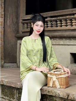 Set đồ lam mặc Tết 2027 áo chất Gấm hoa cổ tàu tay lửng phối quần suông chất Tuyết Nhung dáng dài_DX 7
