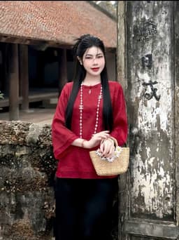 Set đồ lam mặc Tết 2027 áo chất Gấm hoa cổ tàu tay lửng phối quần suông chất Tuyết Nhung dáng dài_DX 5