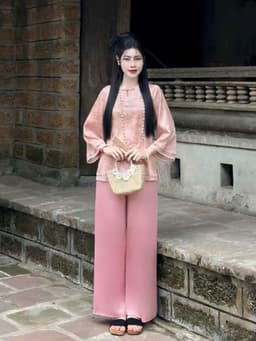 Set đồ lam mặc Tết 2027 áo chất Gấm hoa cổ tàu tay lửng phối quần suông chất Tuyết Nhung dáng dài_DX 4