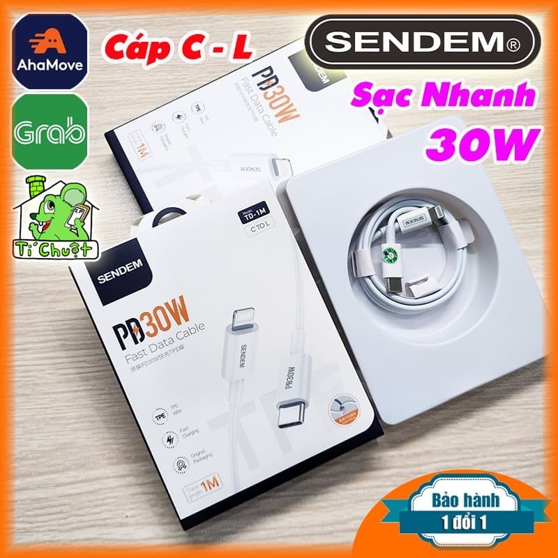 [C-L] Cáp Sạc Nhanh SENDEM TD-1M PD 30W USB-C to Lightning Dây Cao Su ZIN Chính Hãng