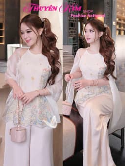 Set bộ 3 món yếm hở vai hoa lá chất Thô Bông cao cấp phối quần Mango kèm áo choàng rời thiết kế tiểu thư sang chảnh_DX 1