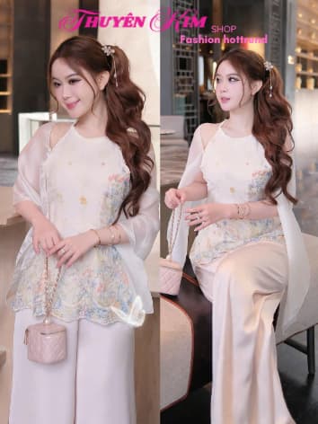 Set bộ 3 món yếm hở vai hoa lá chất Thô Bông cao cấp phối quần Mango kèm áo choàng rời thiết kế tiểu thư sang chảnh_DX