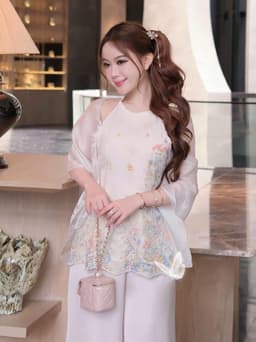 Set bộ 3 món yếm hở vai hoa lá chất Thô Bông cao cấp phối quần Mango kèm áo choàng rời thiết kế tiểu thư sang chảnh_DX 2