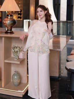 Set bộ 3 món yếm hở vai hoa lá chất Thô Bông cao cấp phối quần Mango kèm áo choàng rời thiết kế tiểu thư sang chảnh_DX 3