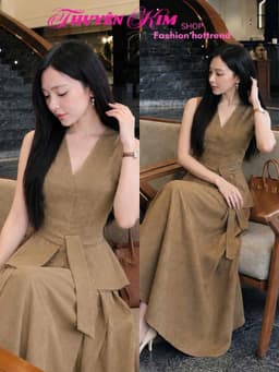 Set váy dài thiết kế chất Tuyết Mưa áo kiểu cổ V sát tay kèm dây cột eo phối chân váy dáng dài thanh lịch 1